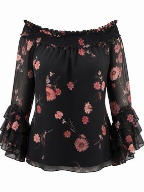 CeCe Black Floral Off-the-Shoulder Ruffle Bell Sleeve Blouse